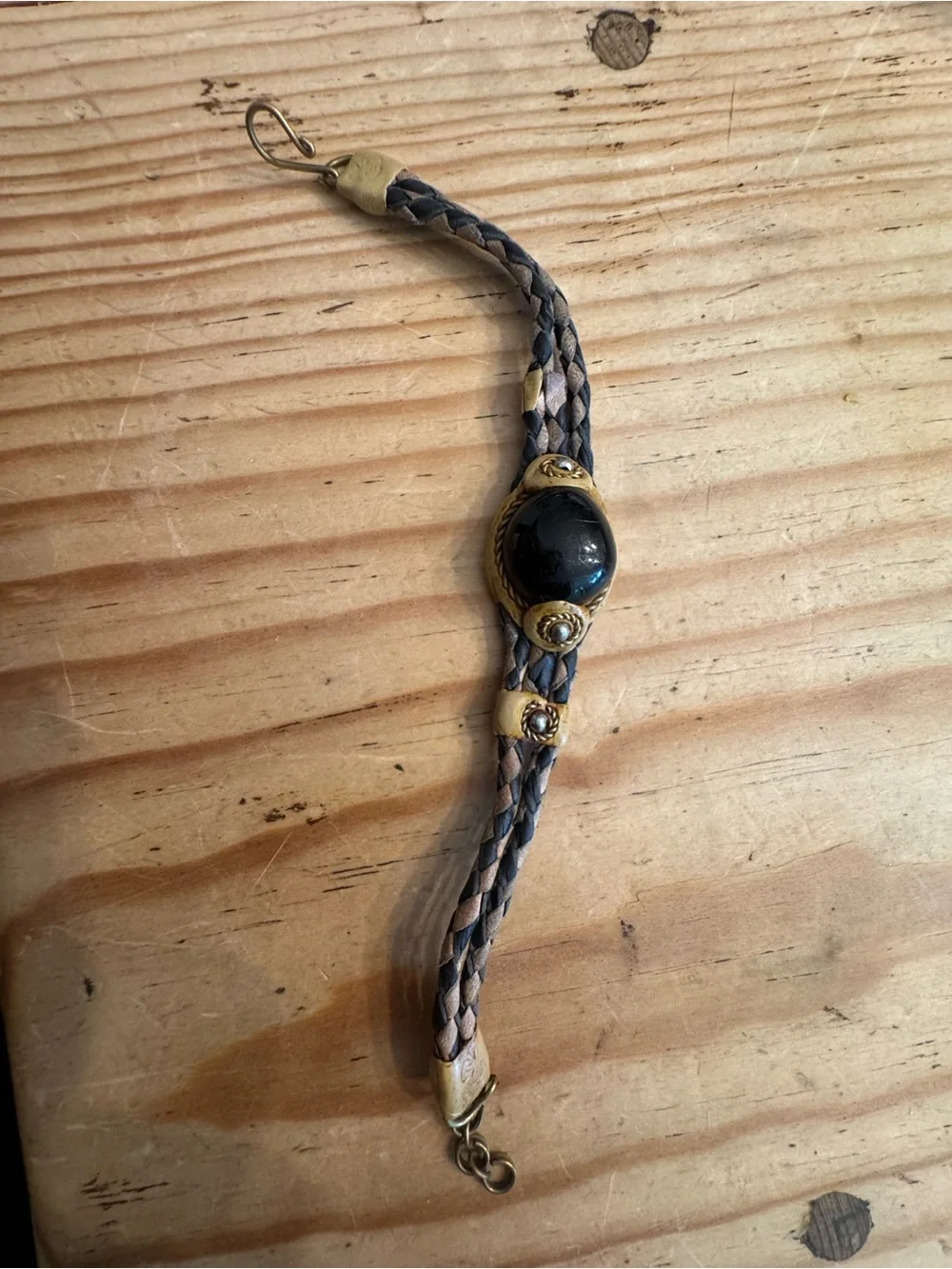 Braided Leather Black Stone Bracelet with Brass Accents